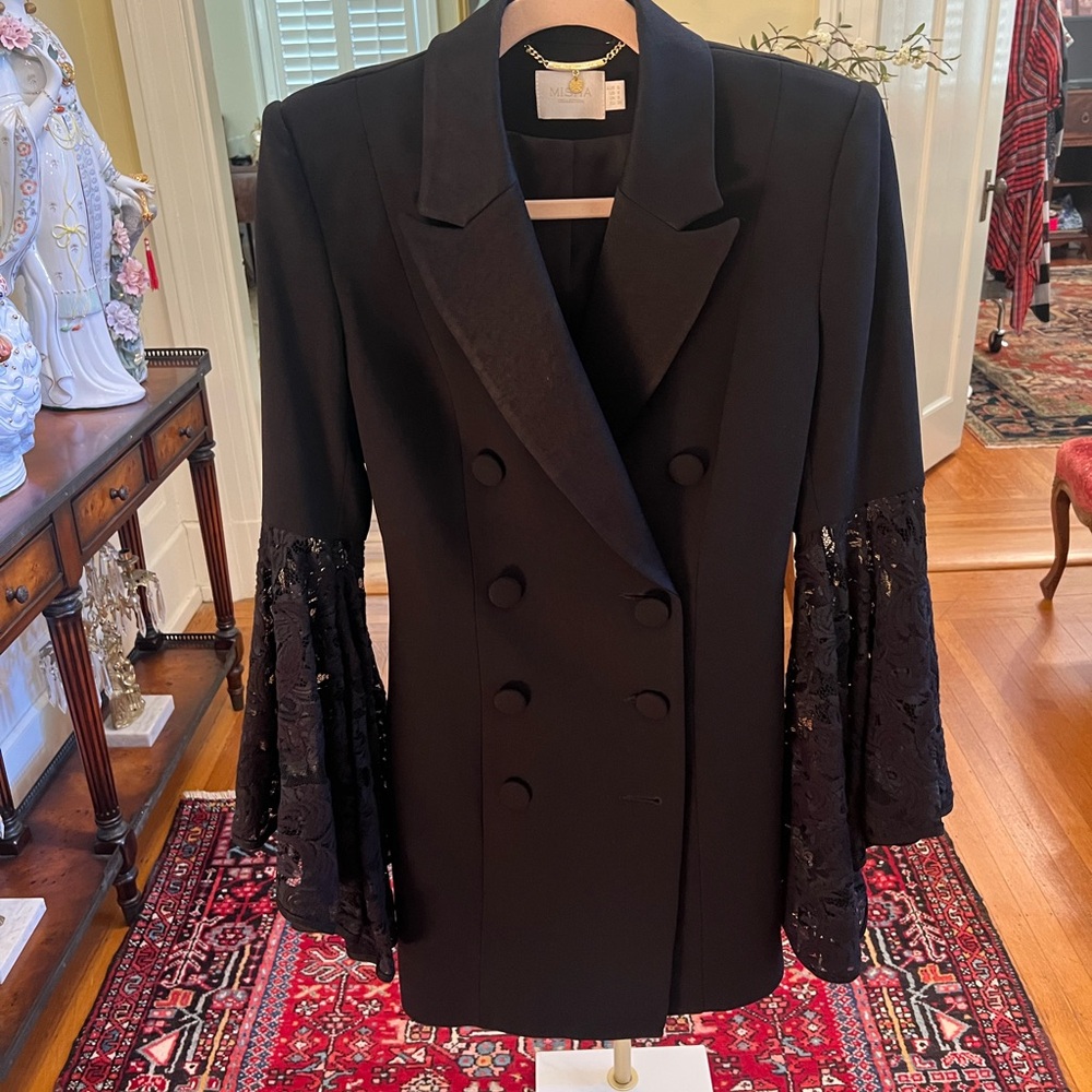 Misha Collection black double/breasted blazer dress with lace sleeves-4